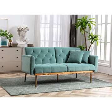 Antetek Velvet Futon Sofa Bed with 3 Adjustable Positions, Small Sleeper Sofa Loveseat with 2 Decorative Pillows, Modern Upholstered Convertible Couch with 5 Metal Tapered Legs (Mint Green)