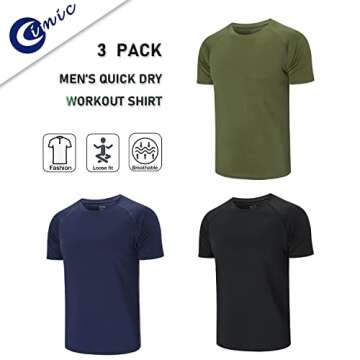 Cimic Workout Shirts for Men, 3 Pack Mens Crew Neck Casual Gym Shirts Short Sleeve Plain Athletic Moisture Wicking Dry Fit Active T-Shirts-Navy Green (Large, 590-Black Navy Green)