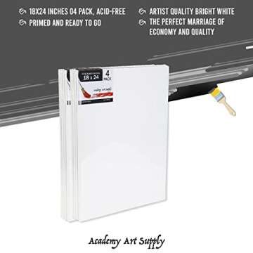 Academy Art Supply Stretched Canvases 18 x 24 inch - 100% Cotton Artist Blank Canvas for Painting, Pre-gessoed, Primed, Acid-Free Canvases, Perfect for Acrylic and Oil Painting, Pack of 4