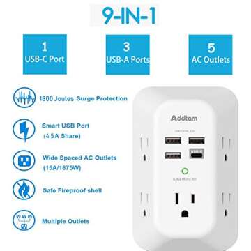 2 Pack Addtam USB Wall Charger Surge Protector, 5 Outlet Extender with 4 USB Charging Ports (1 USB C...