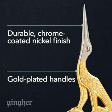Gingher Stork Embroidery Scissors and Leather Sheath - 3.5" Craft Scissors for Fabric, Thread, and Needlework Yarn Cutting - Gold
