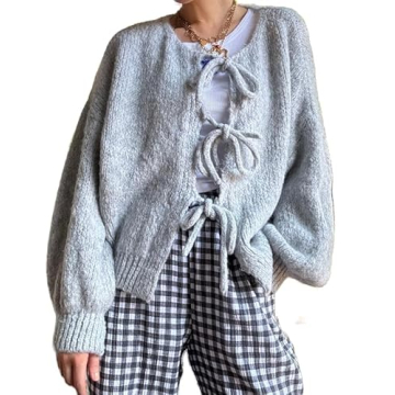 Women Tie Front Oversized Knitted Cardigan Y2k Girls Knitwear Sweater Top Lantern Sleeve Open Front ...