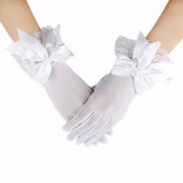 JISEN Women Party Bow Lace Elegant with Wrist Ruffle Bridal Wedding Gloves 11 Inch White