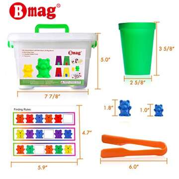 Bmag Counting Bears with Matching Sorting Cups,Number Color Recognition STEM Educational Toy for Toddler, Pre-School Learning Toy with 90 Bears,2 Tweezers,11 Activity Cards,1 Storage Box