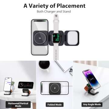 KU XIU Fast Wireless Charger, Magnetic Foldable 3 in 1 Charging Station for iPhone 16/15/14/13/12/Pro/Plus/Pro Max, 5W Portable Charger for Apple Watch10/9/8/7/6/5/4/3/SE, for Airpods3/2/Pro-Black
