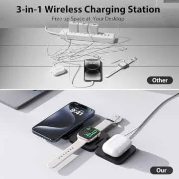 KU XIU Fast Wireless Charger, Magnetic Foldable 3 in 1 Charging Station for iPhone 16/15/14/13/12/Pro/Plus/Pro Max, 5W Portable Charger for Apple Watch10/9/8/7/6/5/4/3/SE, for Airpods3/2/Pro-Black
