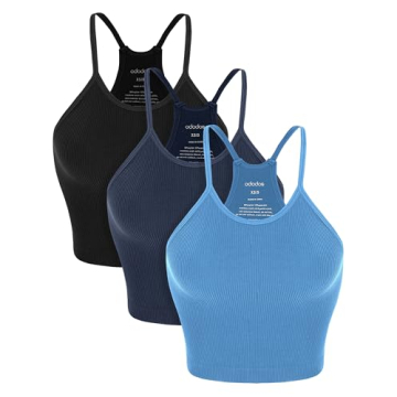 ODODOS Women's Crop Camisole 3-Pack, Seamless Rib-Knit Tops in Black & Navy Blue, X-Small/Small