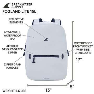 Breakwater Supply™ Fogland Lite Small Waterproof Submersible Backpack with Laptop Sleeve & Airtight Zippers for Outdoors, Surfing, Kayaking, Hiking, Cycling, Unisex TPU Dry Bag (Fog White, 15L)