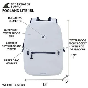 Breakwater Supply™ Fogland Lite Small Waterproof Submersible Backpack with Laptop Sleeve & Airtight Zippers for Outdoors, Surfing, Kayaking, Hiking, Cycling, Unisex TPU Dry Bag (Fog White, 15L)