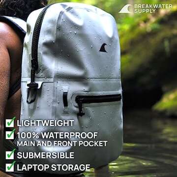 Breakwater Supply™ Fogland Lite Small Waterproof Submersible Backpack with Laptop Sleeve & Airtight Zippers for Outdoors, Surfing, Kayaking, Hiking, Cycling, Unisex TPU Dry Bag (Fog White, 15L)