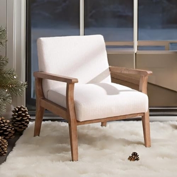 CIMOO Beige Accent Chair Mid Century Modern Armchair Wood Sitting Chair Linen Fabric Upholstered Sid...