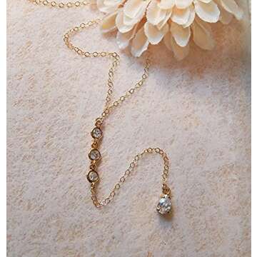 Kyerlyn 14K Gold Plated Cubic Zirconia Y Lariat Necklace Long Waterdrop Diamond Chain Pendant Y Necklace for Women Fashion Jewelry