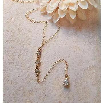 Kyerlyn 14K Gold Plated Cubic Zirconia Y Lariat Necklace Long Waterdrop Diamond Chain Pendant Y Necklace for Women Fashion Jewelry