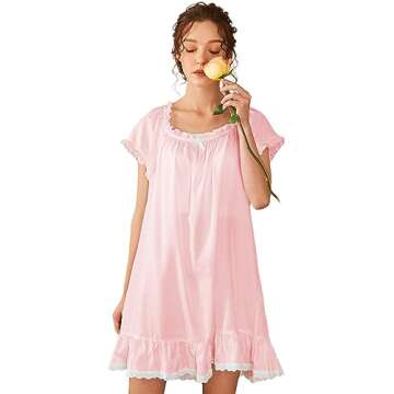 Nanxson Womens' Cotton Nightgown Short Sleeve Sleepwear Vintage Victorian Nightshirt Lounge Dress (Medium, Pink)