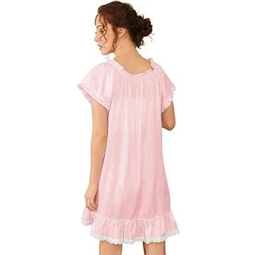 Nanxson Womens' Cotton Nightgown Short Sleeve Sleepwear Vintage Victorian Nightshirt Lounge Dress (Medium, Pink)