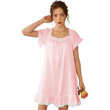 Nanxson Womens' Cotton Nightgown Short Sleeve Sleepwear Vintage Victorian Nightshirt Lounge Dress (Medium, Pink)
