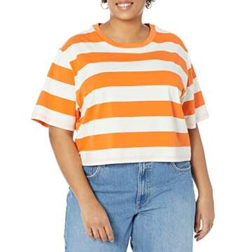 The Drop Women's Sydney Short-Sleeve Cropped Crew Neck T-Shirt, Fire Orange/Whisper White Rugby Stripe, S