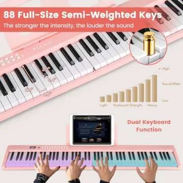 Costzon 88-Key Folding Piano Keyboard, Full-Size Semi-Weighted Electric Piano Digital Piano w/MIDI, Microphone, Music Stand & Carrying Bag, Portable Keyboard Piano for Beginners Teens Adults (Pink)