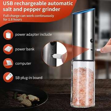 Gravity Electric Salt and Pepper Grinder Set of 2,USB Rechargeable Kitchen Electric Pepper Mill with...