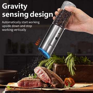 Gravity Electric Salt and Pepper Grinder Set of 2,USB Rechargeable Kitchen Electric Pepper Mill with Adjustable Grinder and LED Light,Tall Glass Salt and Pepper Grinders Refillable