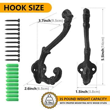 rumdraw Pack of 5 Decorative Heavy Duty Cast Iron Hooks for Hanging - Ideal for Farmhouse Style Deco...