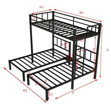 Metal Triple Bunk Bed for 3, Twin over Twin&Twin Size Bunk Bed with Built-in Shelf, Can be divided i...