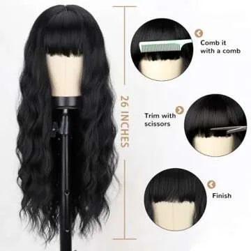 MERISIHAIR Long Black Wig with Bangs,26 Inches Synthetic Wavy Bang Black Wigs for Women, Women Long ...