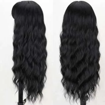 MERISIHAIR Long Black Wig with Bangs,26 Inches Synthetic Wavy Bang Black Wigs for Women, Women Long Curly Heat Resistant Black Hair Wig,Cosplay Selena Black Wig