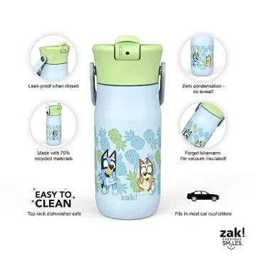 Zak Designs Harmony Bluey Kid Water Bottle for Travel or At Home, 14oz Recycled Stainless Steel is Leak-Proof When Closed and Vacuum Insulated (Bluey, Bingo, Muffin)