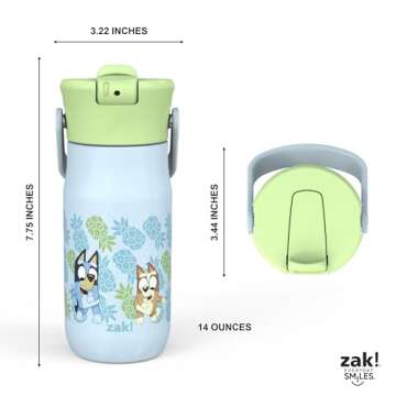 Zak Designs Harmony Bluey Kid Water Bottle for Travel or At Home, 14oz Recycled Stainless Steel is Leak-Proof When Closed and Vacuum Insulated (Bluey, Bingo, Muffin)