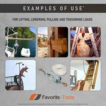 Favorite-Trade Poly Rope Hoist Pulley Block, 4000 LB 2 Ton 65 Feet of 3/8 “, 7:1 Lifting Power, Pulley Hoist for Lift Furniture, Motorcycles, Bicycles