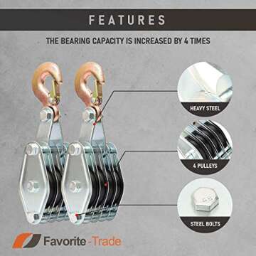 Favorite-Trade Poly Rope Hoist Pulley Block, 4000 LB 2 Ton 65 Feet of 3/8 “, 7:1 Lifting Power, Pulley Hoist for Lift Furniture, Motorcycles, Bicycles