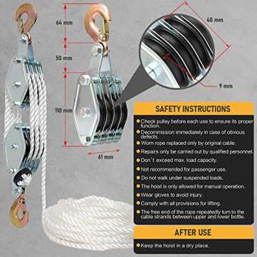 Favorite-Trade Poly Rope Hoist Pulley Block, 4000 LB 2 Ton 65 Feet of 3/8 “, 7:1 Lifting Power, Pulley Hoist for Lift Furniture, Motorcycles, Bicycles