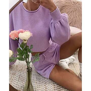 ZESICA Women's Casual Long Sleeve Solid Color Knit Pullover Sweatsuit 2 Piece Short Sweater Outfits ...