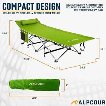 Alpcour Folding Camping Cot – Deluxe Collapsible Single Person Bed in a Bag w/Pillow for Indoor & Outdoor Use – Ultra Lightweight, Comfortable, Heavy Duty Design Holds Adults & Kids Up to 300 Lbs