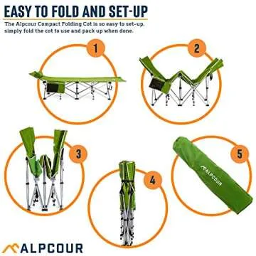 Alpcour Folding Camping Cot – Deluxe Collapsible Single Person Bed in a Bag w/Pillow for Indoor & Outdoor Use – Ultra Lightweight, Comfortable, Heavy Duty Design Holds Adults & Kids Up to 300 Lbs