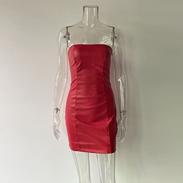 Sexy Red PU Leather Strapless Mini Dress for Women