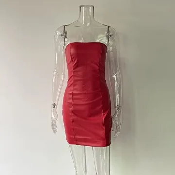 Sexy Red PU Leather Strapless Mini Dress for Women
