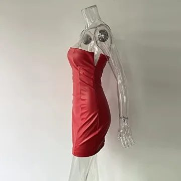 Sexy Red PU Leather Strapless Mini Dress for Women