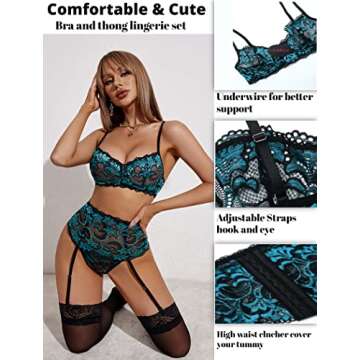 Avidlove Lingerie Set For Women Garter Lingerie Bra Panty Set 3 Piece High Waist Lingerie(Green Blue,L)