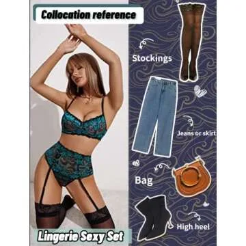 Avidlove Lingerie Set For Women Garter Lingerie Bra Panty Set 3 Piece High Waist Lingerie(Green Blue,L)