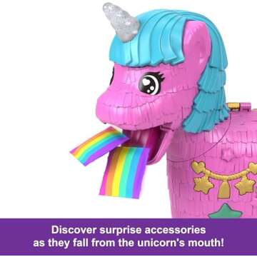 Polly Pocket Dolls & Playset with Pets & 25+ Surprise Accessories, Birthday Celebration Unicorn Partyland Playset, Hot Air Balloon Ride