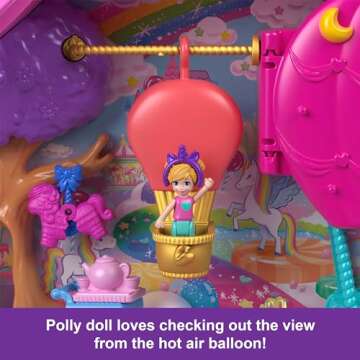 Polly Pocket Dolls & Playset with Pets & 25+ Surprise Accessories, Birthday Celebration Unicorn Partyland Playset, Hot Air Balloon Ride