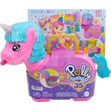 Polly Pocket Dolls & Playset with Pets & 25+ Surprise Accessories, Birthday Celebration Unicorn Partyland Playset, Hot Air Balloon Ride