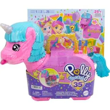 Polly Pocket Dolls & Playset with Pets & 25+ Surprise Accessories, Birthday Celebration Unicorn Partyland Playset, Hot Air Balloon Ride
