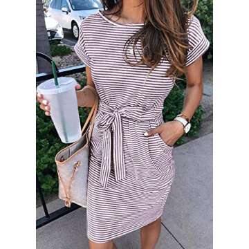 MEROKEETY Women's Summer Striped Short Sleeve T Shirt Dress Casual Tie Waist with Pockets in Purple