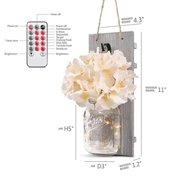 HOMKO Decorative Mason Jar Wall Decor - Rustic Wall Sconces with 6-Hour Timer LED Fairy Lights and Flowers - Farmhouse Home Decor (Set of 2)