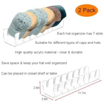 Adouiry 2 Pack Acrylic Hat Organizer Shelf - Clear Hat Organizer Holder Rack for Closet Shelf - Hat Stand Dispaly for Multiple Baseball Caps