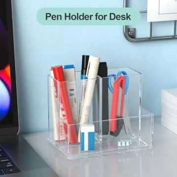 runzoos Pen Holder for Desk, Acrylic Pencil Holder for Desk, Makeup Brush Holder Organizer for Vanity, Pen Pencil Organizer Cup, Office Desk Organizers and Accessories, Office Desk Organization