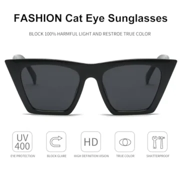 Dollger Square Cat Eye Sunglasses for Women Fashion Retro Classic Black Cat eye Sunglasses UV400 Protection